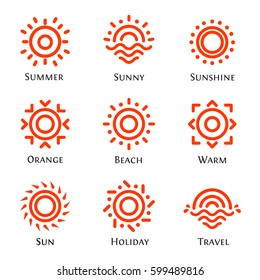Isolated Abstract Round Shape Orange Color Logo Set, Sun Logotype Collection Vector Illustration