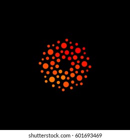 Isolated abstract round shape orange color logo, dotted stylized sun logotype on black background vector illustration.