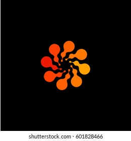 Isolated abstract round shape orange color logo, dotted stylized sun logotype on black background,swirl vector illustration.