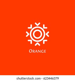 Isolated abstract round shape orange color logo, sun logotype vector illustration on a red background.