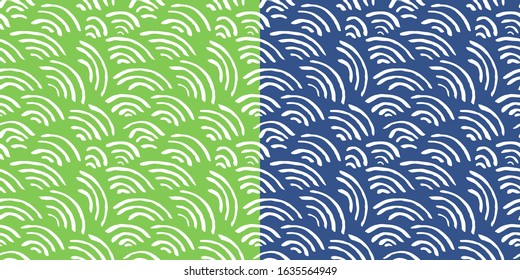 Isolated abstract scaly background with curled lines. Green and blue striped background. Two square seamless patterns for wallpaper design, website design, greeting cards, magazines, fabrics