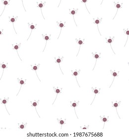 Isolated abstract seamless pattern with little purple meadow yarrow flowers ornament. White background. Graphic design for wrapping paper and fabric textures. Vector Illustration.