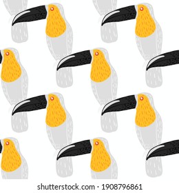 Isolated abstract seamless pattern with yellow, black and grey colored toucan bird shapes. White background. Flat vector print for textile, fabric, gift wrap, wallpapers. Endless illustration.