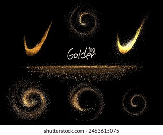 Isolated abstract shapes with gold, copper glitter on a black background, set.