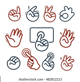 Isolated abstract social network logo set. Human hands and fingers logotypes.Website buttons collection.Ok,peace,give five,pointing finger,fist signs. Victory, hello symbol. Vector illustration.