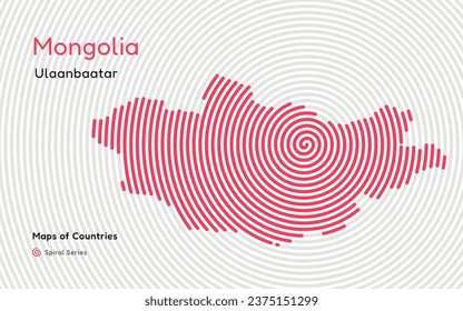 Isolated abstract spiral vector hatched map of Mongolia on a white background, identifying its capital city, Ulaanbaatar. Spiral fingerprint series