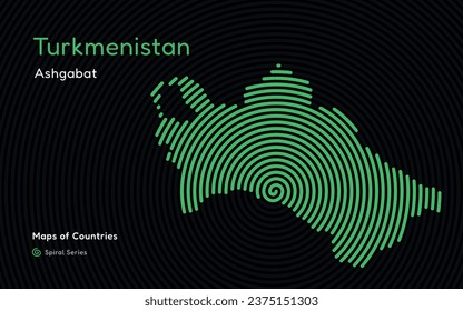 Einzeln abstrakte Spiralvektorkarte Turkmenistans auf schwarzem Hintergrund, die seine Hauptstadt, Aschgabat, identifiziert. SpiralFingerabdruckserie