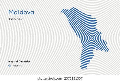 Isolated abstract spiral vector hatched map of Moldova on a white background, identifying its capital city, Kishinev. Spiral fingerprint series
