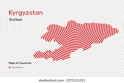 Isolated abstract spiral vector hatched map of Kyrgyzstan on a white background, identifying its capital city, Bishkek. Spiral fingerprint series