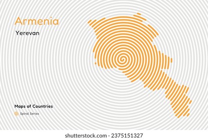 Einzeln abstrakte spiralförmige Vektorkarte von Armenien auf weißem Hintergrund, die ihre Hauptstadt, Eriwan, identifiziert. SpiralFingerabdruckserie