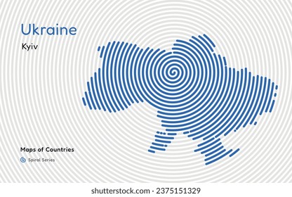  Mapa abstracto aislado de Ucrania con vectores de espiral en un fondo blanco, identificando su capital, Kiev. Serie de huellas dactilares espirales