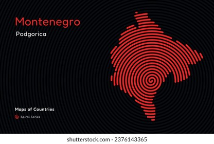 Isolated abstract spiral vector hatched map of Montenegro on a black background, identifying its capital city, Podgorica. Spiral fingerprint series