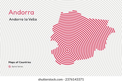 Isolated abstract spiral vector hatched map of Andorra on a black background, identifying its capital city, Andorra la Vella. Spiral fingerprint series