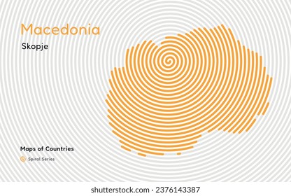 Isolated abstract spiral vector hatched map of Macedonia on a black background, identifying its capital city, Skopje. Spiral fingerprint series