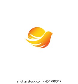 Isolated abstract sun and bird vector logo. Sunset or sunrise with human hand logotype. Sunny weather illustration. Spring and summer element. Firebird image.