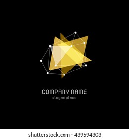 Isolated abstract translucent triangles vector logo. Geometric shape logotype on the black background. Yellow color shiny polygons illustration.