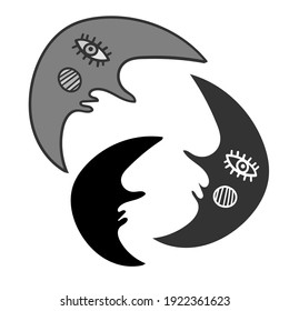 Isolated abstract vector black and white illustration with colorful talisman moon. The design is perfect for coloring books, stickers, clothes, stationary and decorations