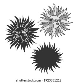 Isolated abstract vector black and white graphic illustration with colorful talisman sun. The design is perfect for coloring books, stickers, clothes, stationary and decorations