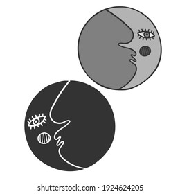 Isolated abstract vector black and white illustration with colorful talisman moon. The design is perfect for coloring books, stickers, clothes, stationary and decorations