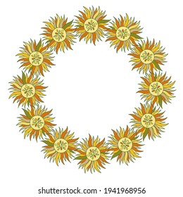 Isolated abstract vector illustration with colorful sun flower frame circle in pastel yellow colours. The design is perfect for coloring books, stickers, clothes, stationary and decorations