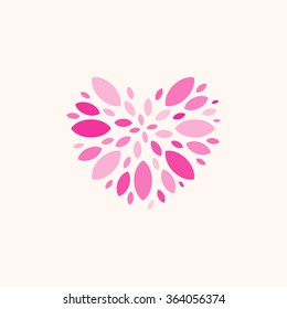 Isolated abstract vector logo. Pink heart image. Graphic symbol for St. Valentines Day. Designed flower icon. Bright drops explosion. Simple illustration. Festive firework. Heart leaf logo template.