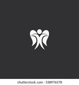 Isolated abstract white color angel on black background logo. Human with wings logotype. Heavenly creature silhouette icon. Saint soul vector illustration. Religious decorative symbol