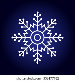 Isolated abstract white color snowflake on blue background. Cold winter pattern. Snowy decor element for christmas holidays