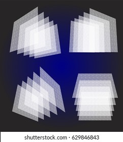 Isolated abstract white color transparent squares objects set,architectural structures collection on blue background,geometric translucent elements vector illustration.