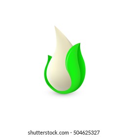 Isolated abstract white drop of milk in green fresh leaf logo. Dairy products logotype. Sour cream or kefir icon. Organic products sign. Vector drop of milk illustration.