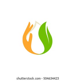 Isolated abstract white drop of milk in green fresh leaf and orange palm logo. Dairy products logotype. Sour cream or kefir icon. Organic products sign. Vector drop of milk illustration