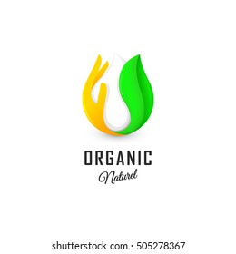 Isolated abstract white drop of milk in green fresh leaf and orange palm logo. Dairy products logotype. Sour cream or yogurt icon. Organic products sign. Vector drop of milk illustration