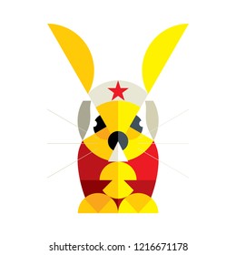 Isolated abstract yellow rabbit on a white background in a suit and hat