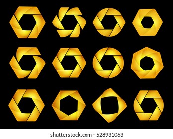 Isolated abstrat round and hexagon logos collection on black. Golden jewellery shop logotypes set. Geometric shapes icon. Nut,repair equipment symbol. Photo capture sign. Vector illustration