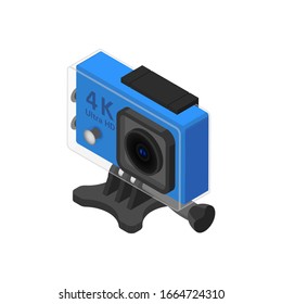 Isolated action camera icon with mount and waterproof protection on a white background. Vector isometric illustration.