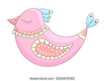 Isolated adorable cartoon bird with pink body, blue wings and green details