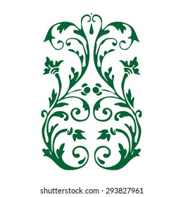 Isolated adornment decoration green floral white curl flower leaf vector curve symbol symmetric summer graphic decor element drawing card vertical shape wave scroll illustration artwork decorative 