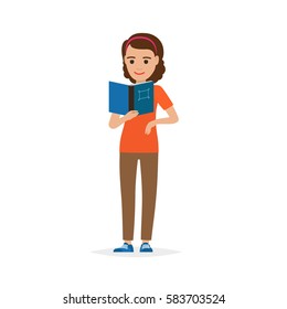 Isolated adult female person reading literature on white. Vector illustration in flat style of girl student with blue book and square on cover in hand. Learning calm process with publishing edition