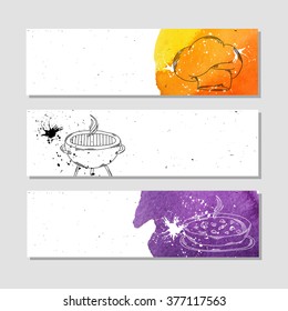 Isolated advertising banner in paper style with colorful watercolor stains. The attributes for the chef in the kitchen and at the picnic, grilled meat, soup and chef's hat . Vector illustration