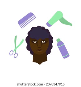 Isolated African American woman in Flat design style using scissors, hairdresser, spray and comb, vector Black woman on white isolated background for prints, booklets, icons for social media, webs.