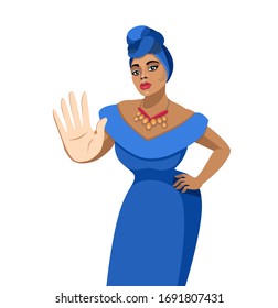 
Isolated afro american black woman in a roast making hand symbol for no. Symbol. Cartoon flat style. Vector illustration.
