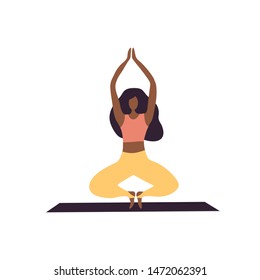 Isolated Afro-american woman doing yoga. Time for yoga concept background. Relax woman in flat style. Vector Illustration for sport and healthy life