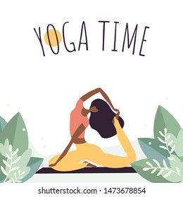 Isolated Afro-american woman doing yoga in the garden. Time for yoga concept background. Relax woman in flat style. Vector Illustration for sport and healthy life