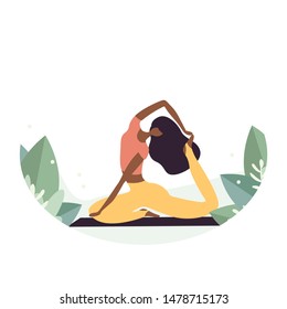 Isolated Afro-american woman doing yoga with big leaves. Time for yoga concept background. Relax woman in flat style. Vector Illustration for sport and healthy life