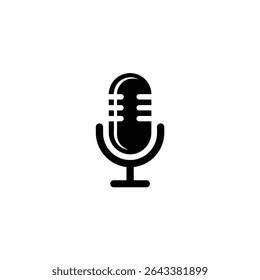 Isolated against a stark white backdrop, this is a minimalistic black icon of a classic microphone, perfect for podcasting, voiceovers, or recording design needs.