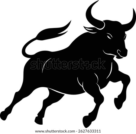 Isolated against a stark white background, a robust, solid black bull leaps forward. It has curved horns, and its muscular body suggests tremendous strength and agility in action.