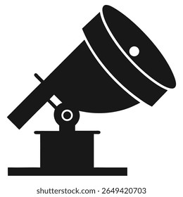 Isolado contra a transparência, um ícone de holofote preto sólido apresenta um design clássico com um suporte ajustável e luz direcional, melhorando qualquer projeto ou trabalho criativo.
