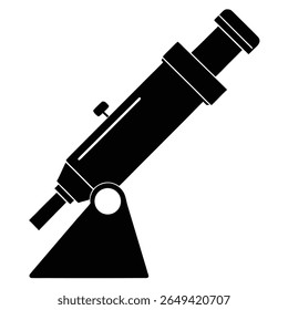 Isolado contra um pano de fundo branco, o telescópio de silhueta preta em uma montagem resistente exibe sua lente, tubo e estrutura de apoio com linhas limpas, enfatizando a clareza.
