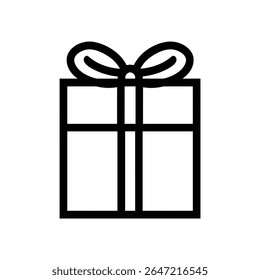 Aislado sobre un fondo blanco es un gráfico de una caja de regalo, delineado en negro, con una cinta decorativa. Las líneas simples de la caja transmiten un presente minimalista.