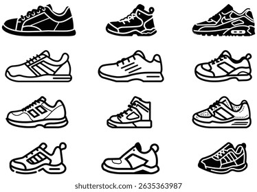 Isolated against a white backdrop, the image presents a collection of nine monochrome sneaker icons, each showcasing a unique athletic footwear style with minimalist black and white lines.