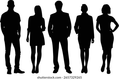 Aislada sobre un fondo blanco, la Imagen presenta cinco siluetas negras de diversos individuos, mezclando ropa de negocios y casual, capturando un sentido de representación colectiva.